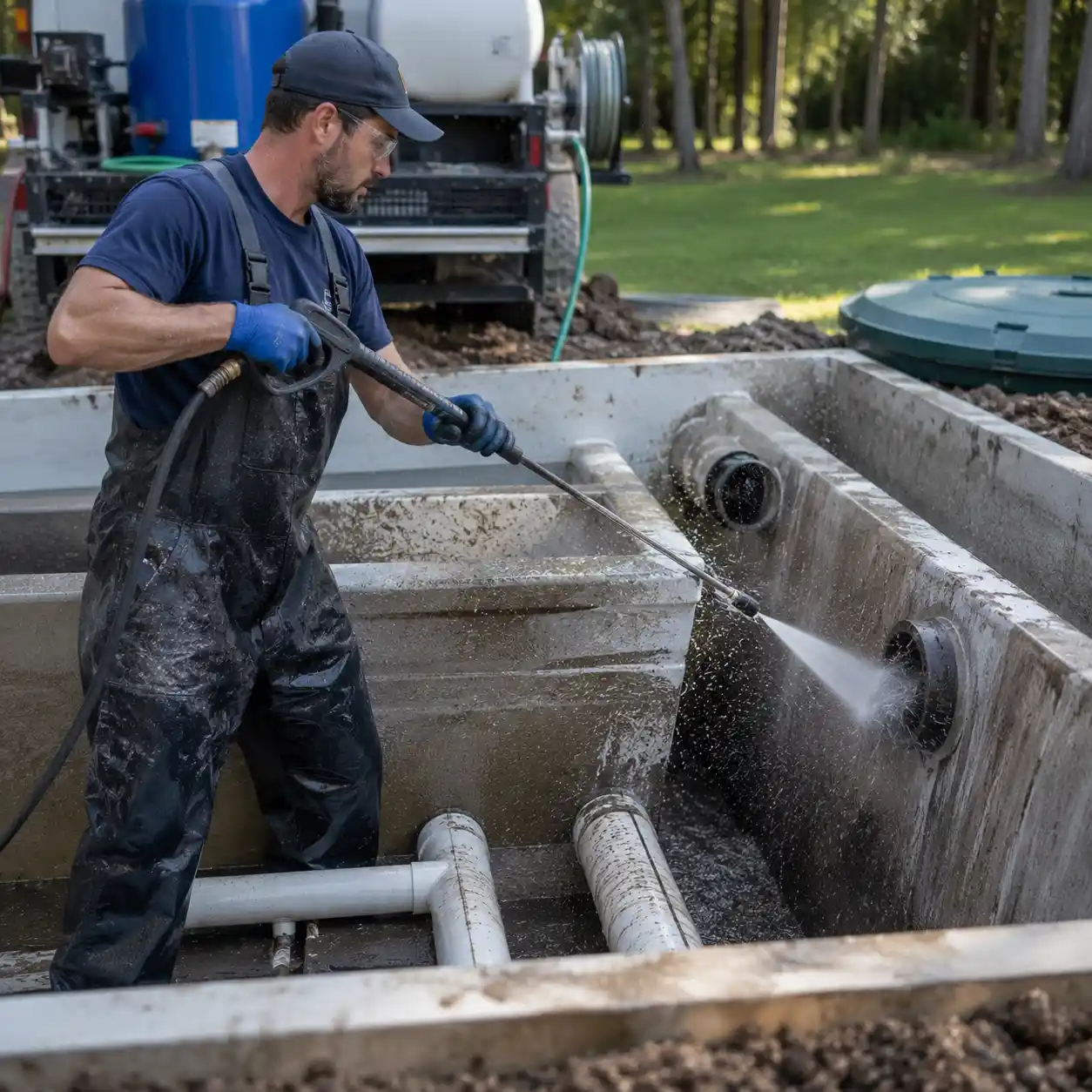 Septic tank cleaning equipment on a residential job site