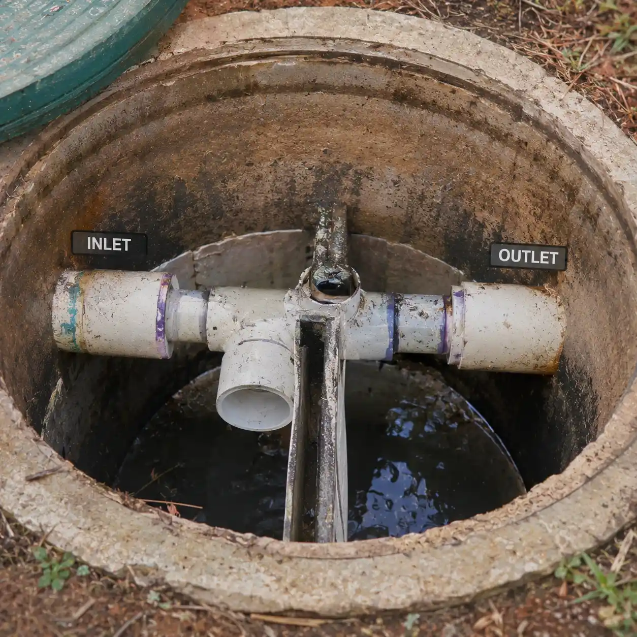Heavy crust buildup inside a neglected septic tank